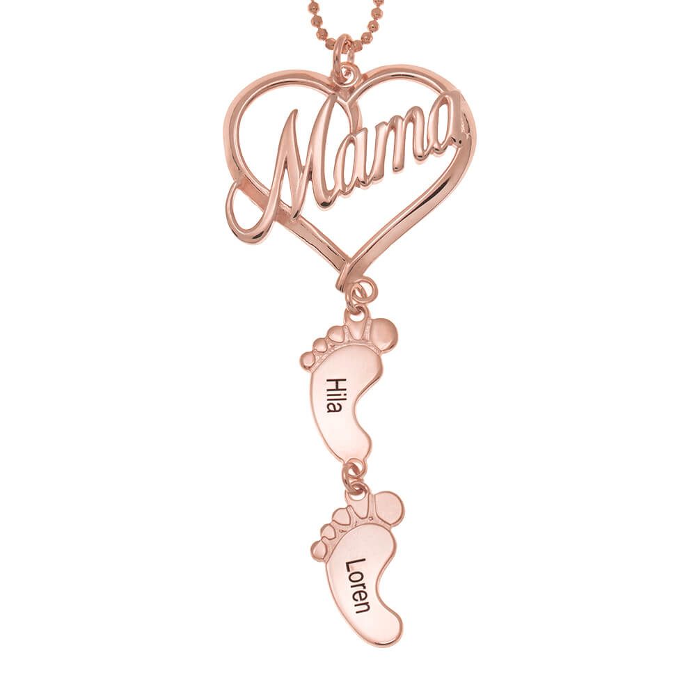 Mother's Day Gift, Mama Heart Pendant With Baby Feet Charm