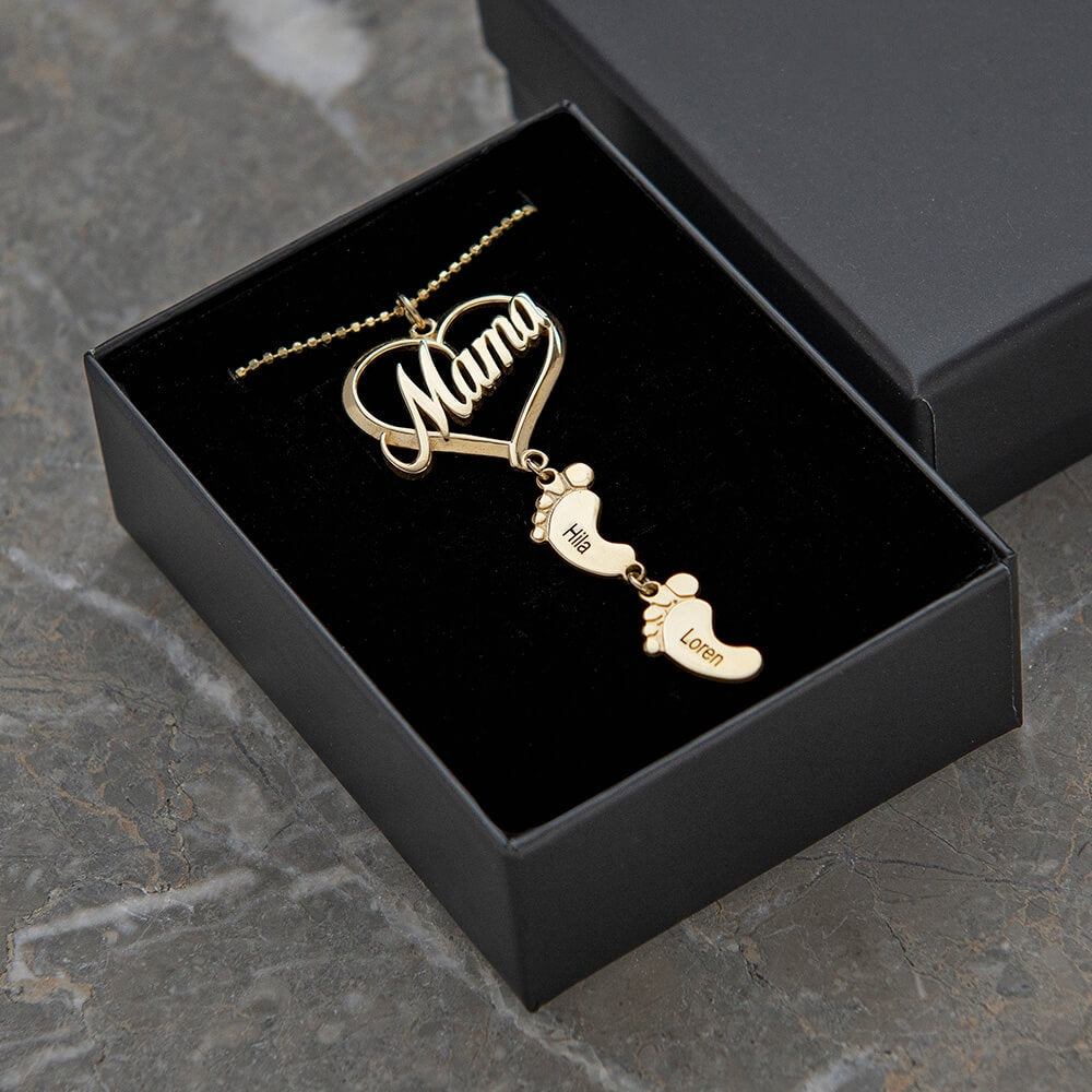 Mother's Day Gift, Mama Heart Pendant With Baby Feet Charm