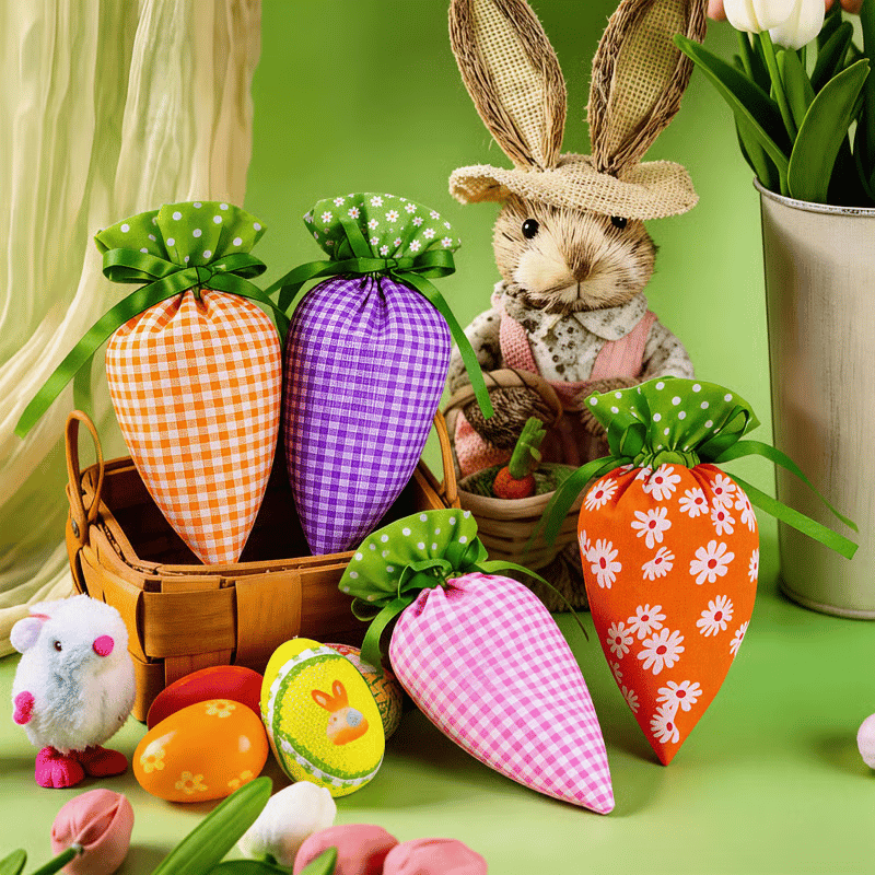 🥕Easter Carrot Goodie Bags | Fabric Drawstring – 6 Plaid Patterns, Reusable for Egg Hunts & Party Favors 🐣