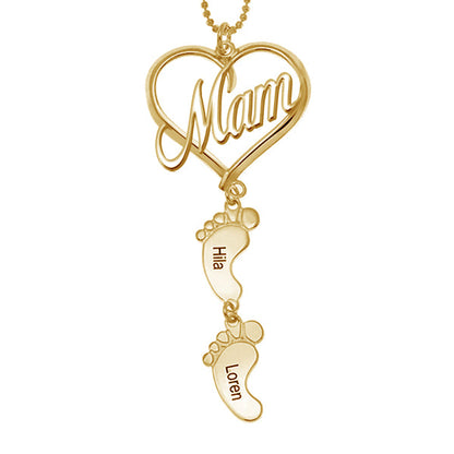Mother's Day Gift, Mama Heart Pendant With Baby Feet Charm