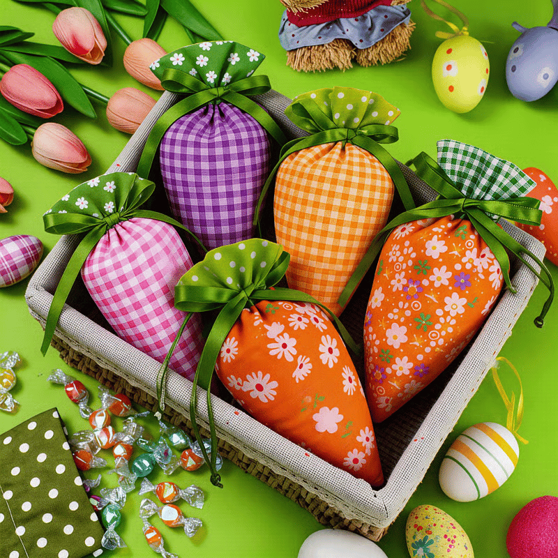 🥕Easter Carrot Goodie Bags | Fabric Drawstring – 6 Plaid Patterns, Reusable for Egg Hunts & Party Favors 🐣