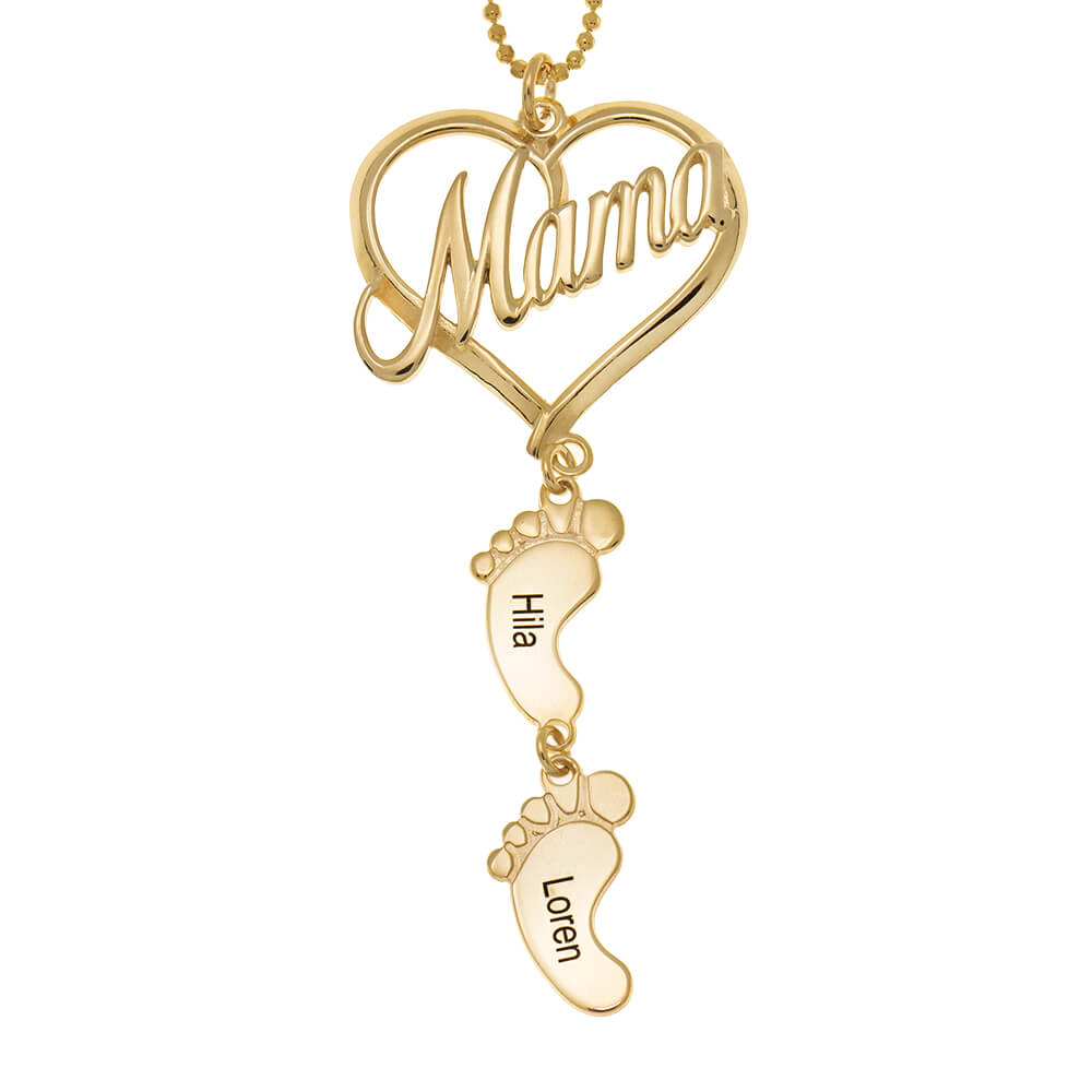 Mother's Day Gift, Mama Heart Pendant With Baby Feet Charm