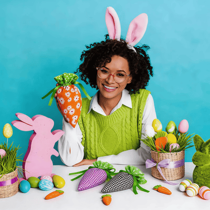 🥕Easter Carrot Goodie Bags | Fabric Drawstring – 6 Plaid Patterns, Reusable for Egg Hunts & Party Favors 🐣