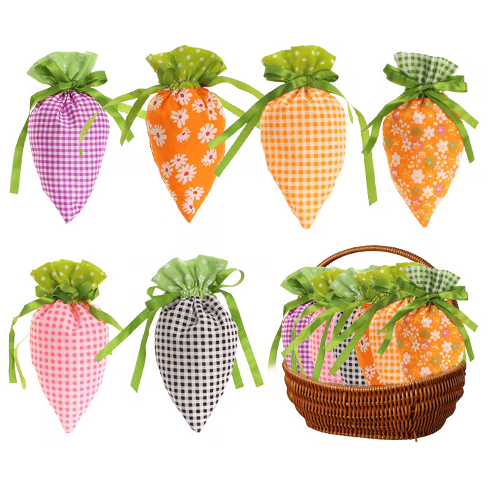 🥕Easter Carrot Goodie Bags | Fabric Drawstring – 6 Plaid Patterns, Reusable for Egg Hunts & Party Favors 🐣
