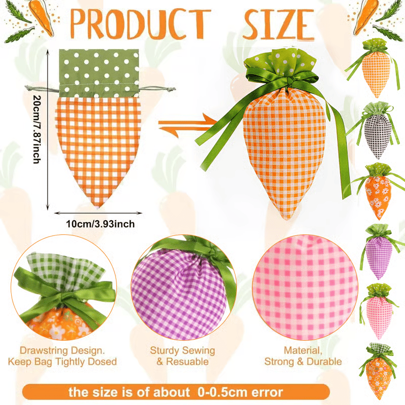 🥕Easter Carrot Goodie Bags | Fabric Drawstring – 6 Plaid Patterns, Reusable for Egg Hunts & Party Favors 🐣