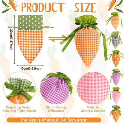 🥕Easter Carrot Goodie Bags | Fabric Drawstring – 6 Plaid Patterns, Reusable for Egg Hunts & Party Favors 🐣