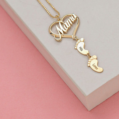 Mother's Day Gift, Mama Heart Pendant With Baby Feet Charm