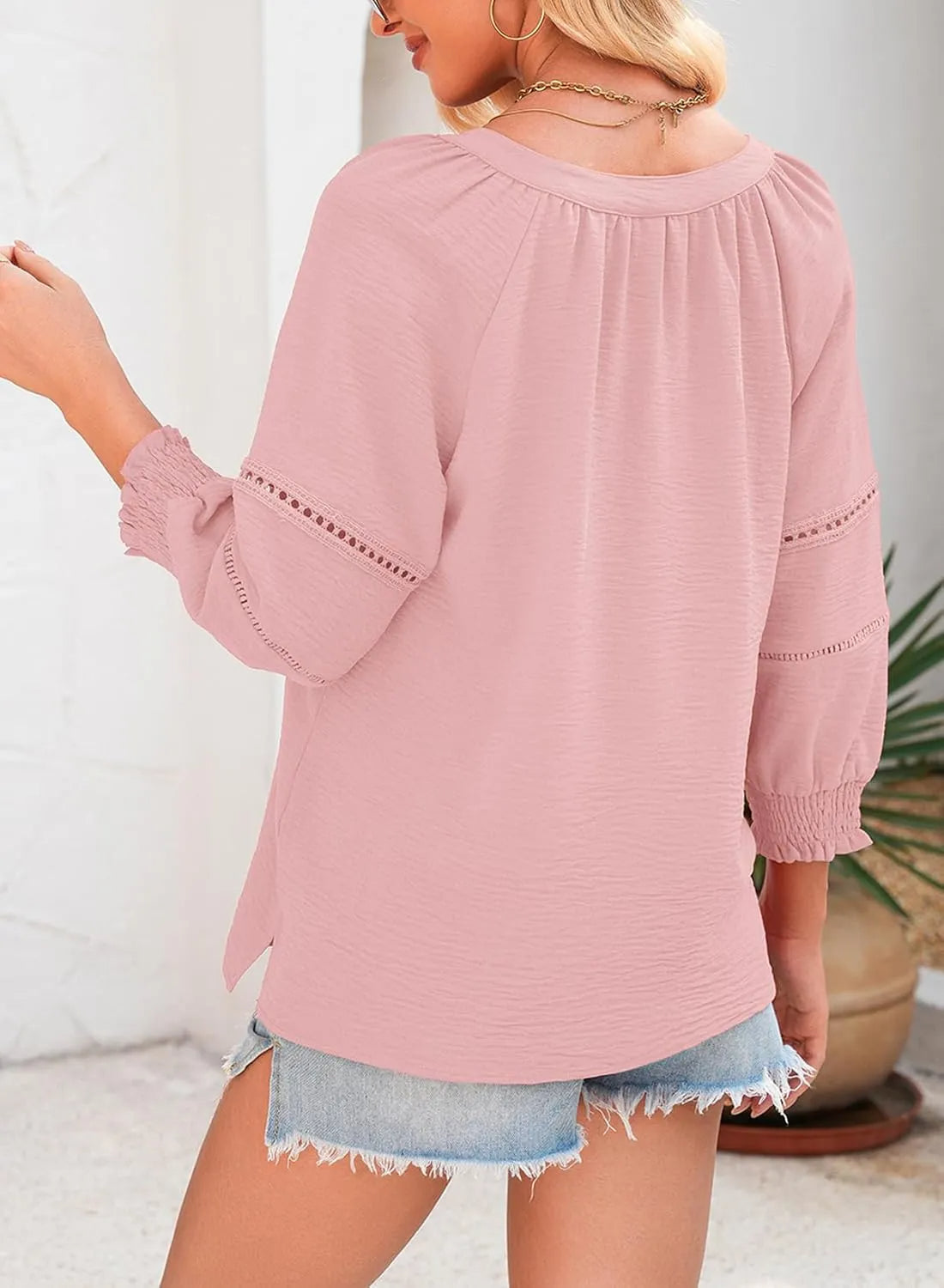 🌸Spring & Summer Sale👚Women's 3/4 Lantern Sleeve Casual V-Neck T-Shirts Pleated Loose Hollow-Out Blouse
