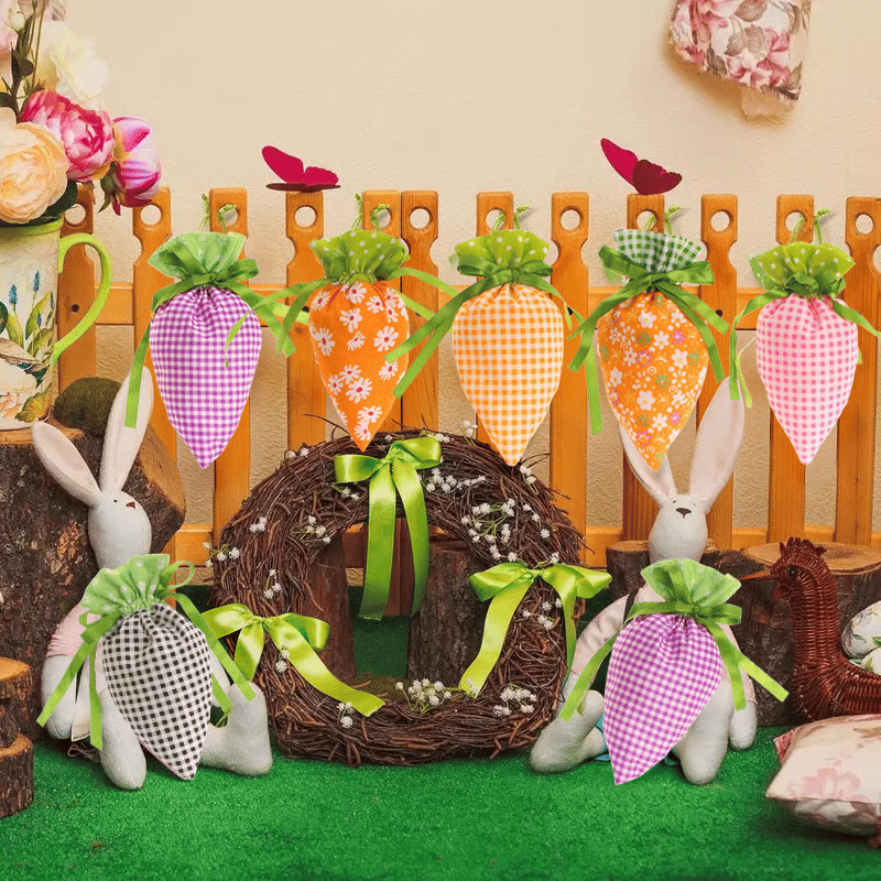 🥕Easter Carrot Goodie Bags | Fabric Drawstring – 6 Plaid Patterns, Reusable for Egg Hunts & Party Favors 🐣
