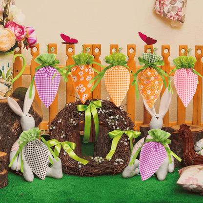 🥕Easter Carrot Goodie Bags | Fabric Drawstring – 6 Plaid Patterns, Reusable for Egg Hunts & Party Favors 🐣