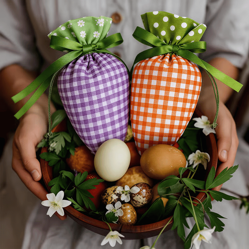 🥕Easter Carrot Goodie Bags | Fabric Drawstring – 6 Plaid Patterns, Reusable for Egg Hunts & Party Favors 🐣