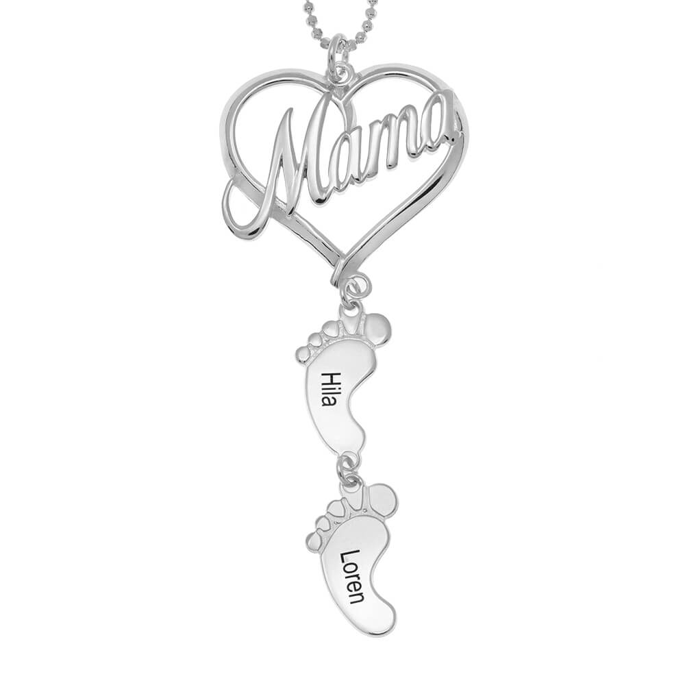 Mother's Day Gift, Mama Heart Pendant With Baby Feet Charm