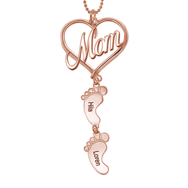 Mother's Day Gift, Mama Heart Pendant With Baby Feet Charm